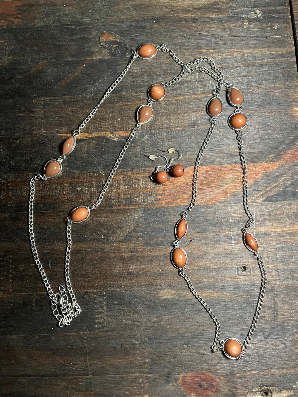 Silver-Tone Necklace & Earrings Set with Brown Cabochon Stones - Picture 1 of 5